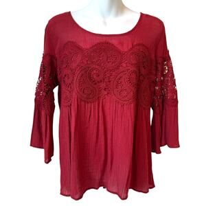 Rust Red Emroidered Womens Boho Blouse Small Gauze Lace Bell Sleeve Fairy Grunge